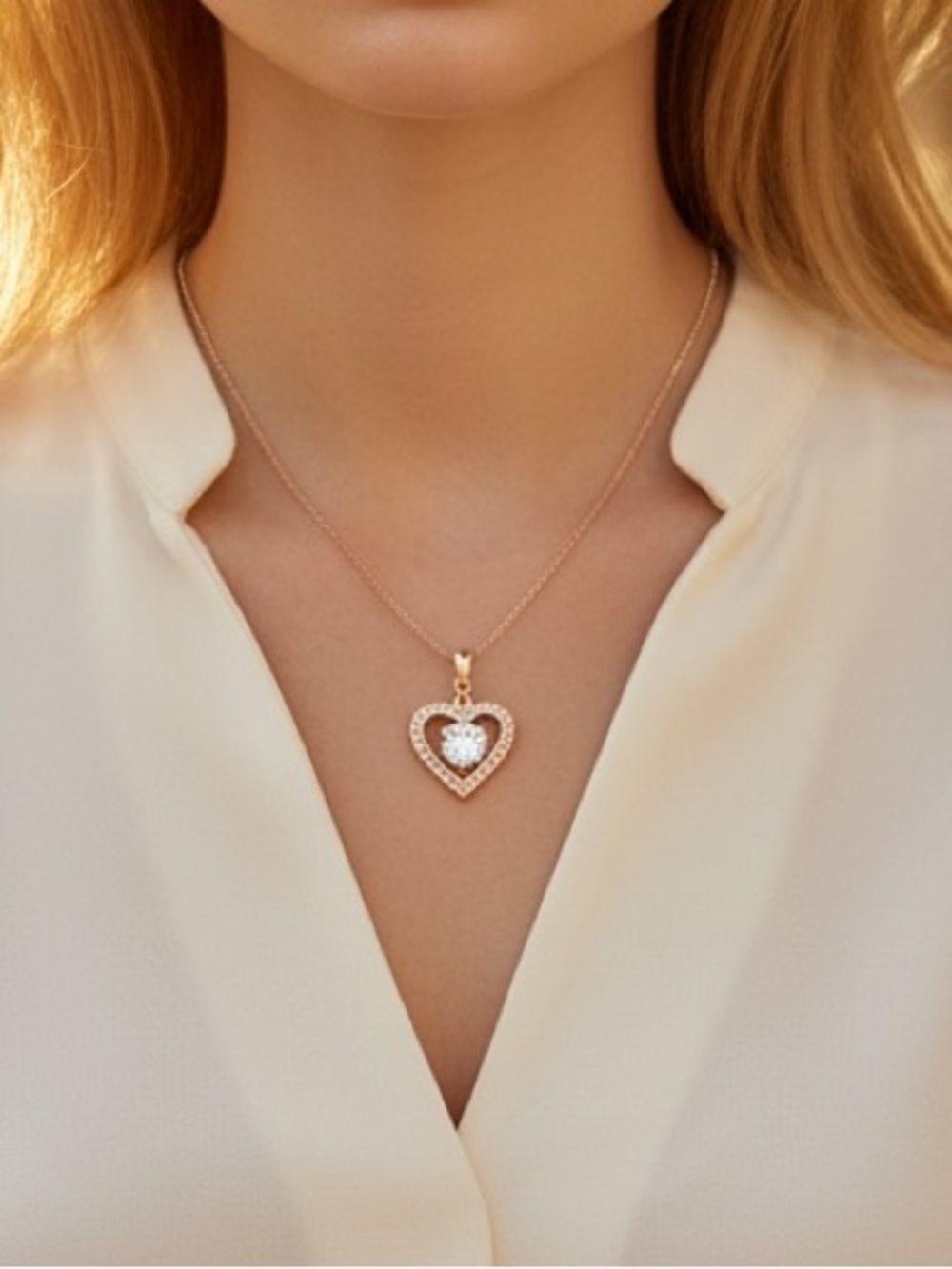 Delicate Rose Gold Heart Pendant Necklace with Sparkling Moissanite Crystal.